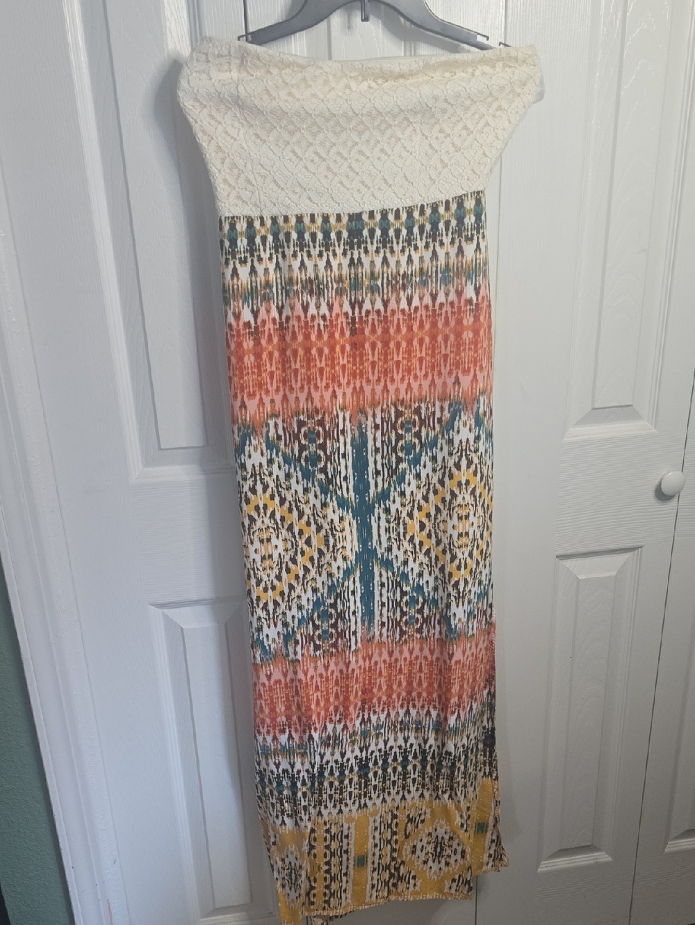 Maurices Strapless Maxi Dress with Cream Crochet Top and Multicolor Ikat